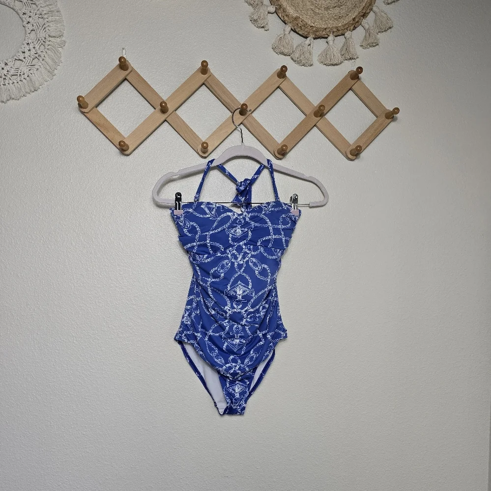 J. McLaughlin Blue Miki Halter Open Back One-Piece Halter Swimsuit Womens 6 EUC